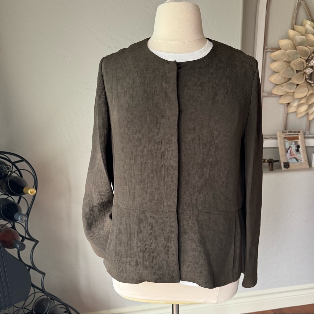 Eileen Fisher Women's Silk Blend Stylish Olive Open Front Jacket Size L‎